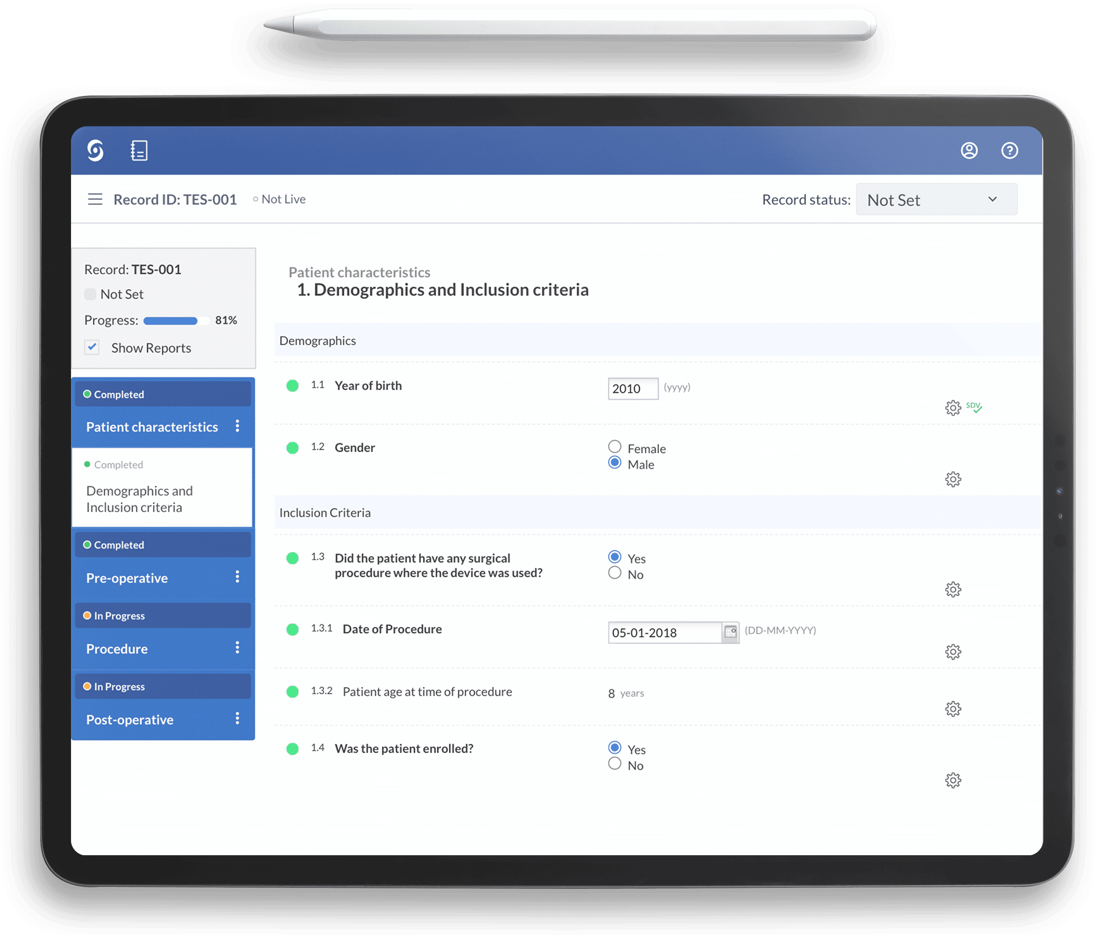 Entering EDC data on a tablet