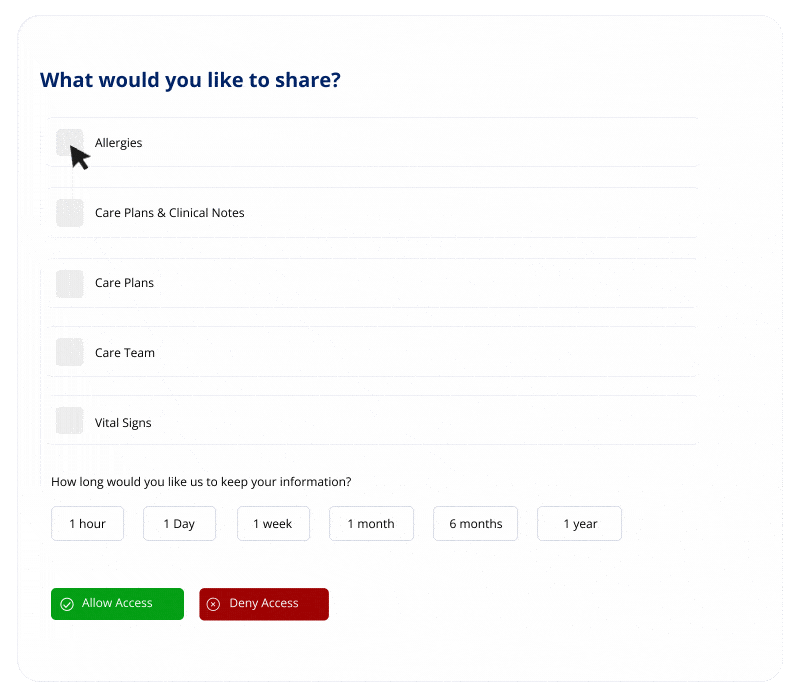 The participant signs the HIPAA release or FHIR portal authorization, choosing what to share and granting or denying access to their records.