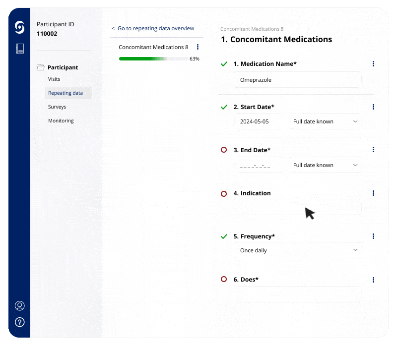 Data lands in your EDC: the approved values appear as completed fields in the Castor EDC participant record.
