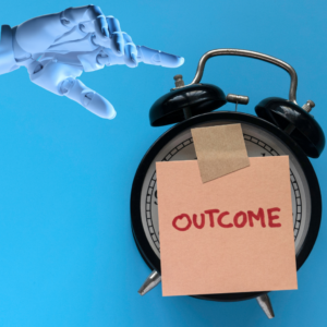 A white robotic hand reaching toward a black alarm clock with a sticky note reading OUTCOME, illustrating where AI saves time in eCOA outcome assessment workflows