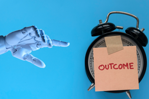 A white robotic hand reaching toward a black alarm clock with a sticky note reading OUTCOME, illustrating where AI saves time in eCOA outcome assessment workflows
