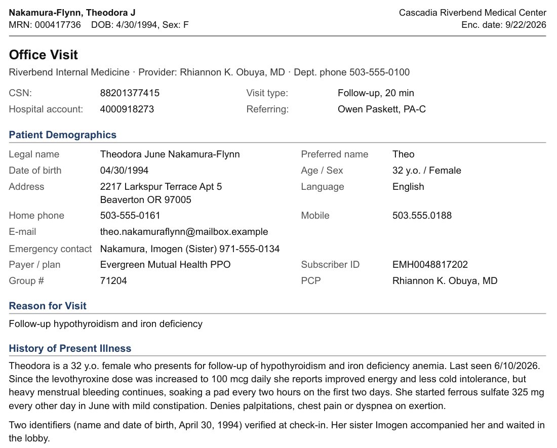 An electronic medical record office visit note with the patient's name, record number, date of birth, address, phones, email, insurance IDs, emergency contact, and the sister's name in the narrative.